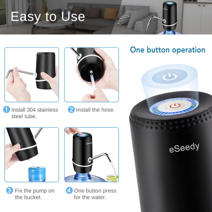 Water Pump for 5 Gallon Bottle, USB Charging Automatic Water Dispenser with Rechargeable Battery, Portable Electric Drinking Water Jug Pump for Home, Kitchen, Living Room, Office, Camping - Black - Image 6