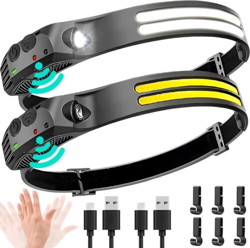 LED Headlamp Rechargeable 2PCS - 230° COB Super Bright Head Lights for Forehead, Hard hat Light for Adults, USB C Headband Flashlight for Work, Hiking, Running, Camping Essentials Gear