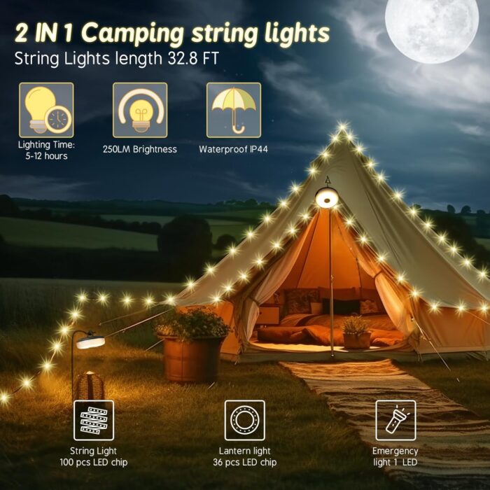 Camping String Lights, Outdoor String Lights with 8 Lighting Modes, Rechargeable String Light Camping 2 in 1, Waterproof Portable Stowable USB Camping Lights for Camping, Yard, Party Decor 32.8 ft - Image 3