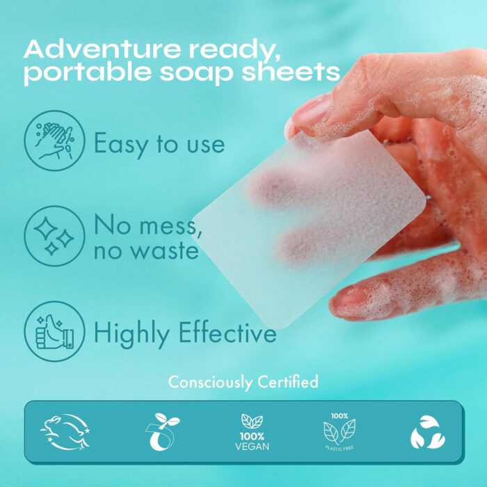 FOMIN - Antibacterial Paper Soap Sheets for Hand Washing - (300 Sheets) Orange, Tea Tree, Lavender Portable Travel Soap Sheets, Dissolvable Camping Mini Soap, Portable Hand Soap Sheet - Image 4