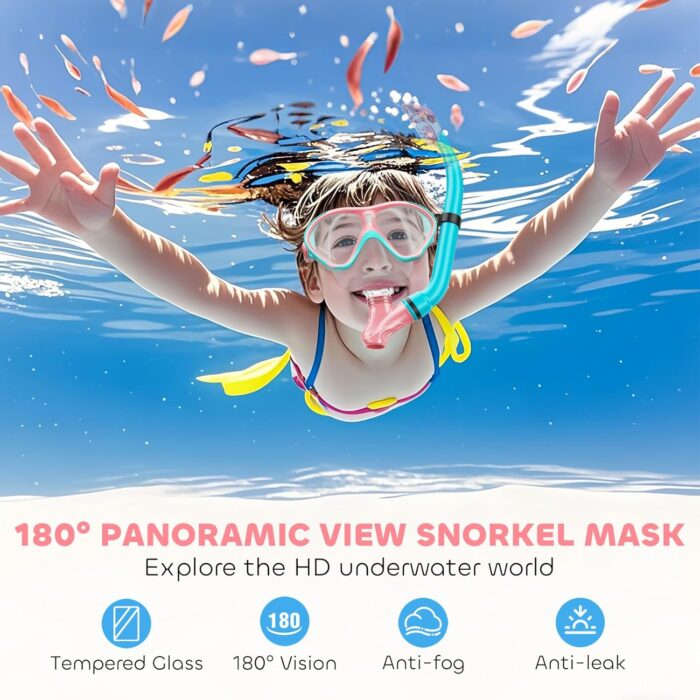 Kids Snorkel Set, Dry Top Snorkeling Gear Kids Swimming Goggles, Anti-Fog Tempered Glass Snorkel Mask with Foldable Breathing Tube, 180 Degree Full View Anti-Leak Diving Mask for Age 6-14, Unisex - Image 3