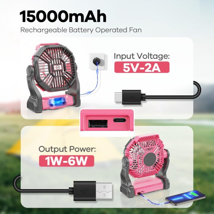 Camping Fan with LED Lantern, 15000mAh Portable Rechargeable Battery Powered Table Fan with Hook, Camping Gear for Picnic, Fishing, Car or Hurricane Power Outages (Pink) - Image 2
