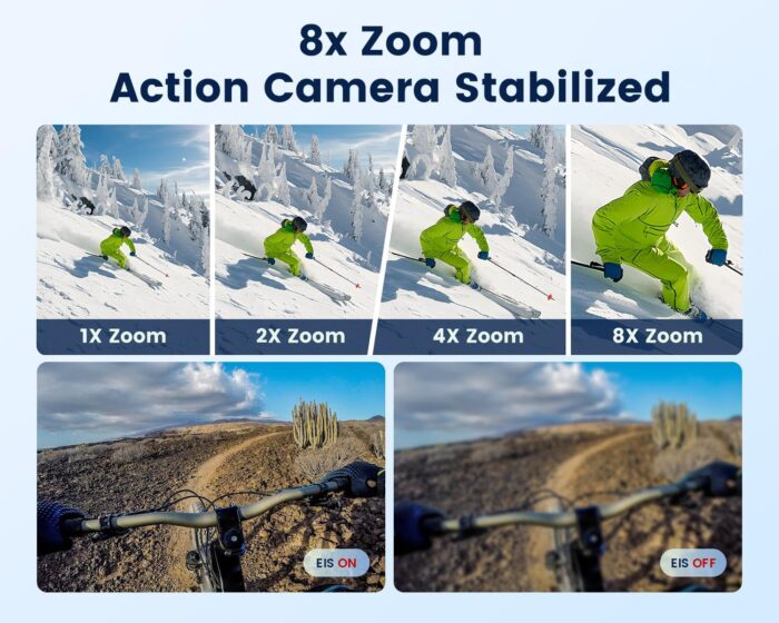 4K 60FPS Action Camera with 64GB Card-48MP Waterproof Camera,40M Underwater Camera,8X Zoom,EIS Stabilization,WiFi,Remote Control,MotorcycleCamera with 2 Rechargeable Batteries - Image 4