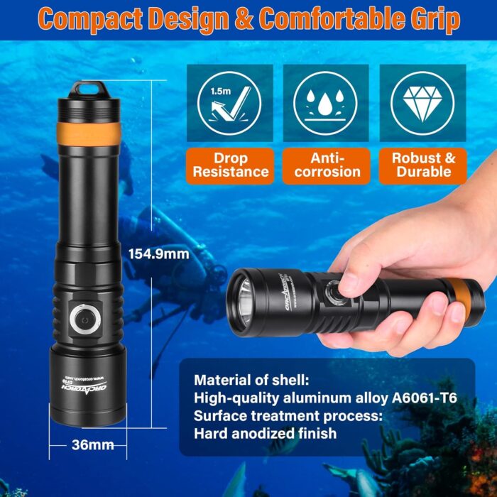 ORCATORCH D710 Scuba Diving Light, 3000 Lumens Super Bright Underwater Flashlight with 6 Degrees Narrow Beam, IP68 Waterproof Night Dive Torch 150 Meters Submersible Light (Black) - Image 5