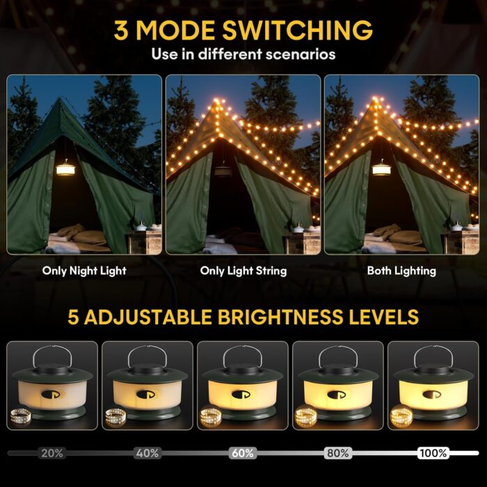Hokone Camping String Lights, 32.8FT 22 Lighting Modes, Waterproof, Rechargeable, Quick Storage Portable Tent Lights Perfect for Outdoor, Indoor, Party, Patio, Garden, Camping, Holiday Decor - Image 2