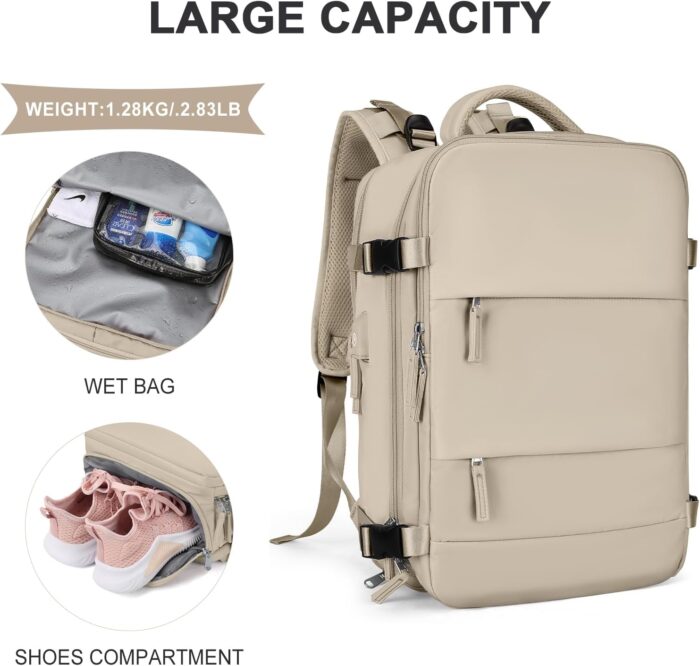 coowoz Large Travel Backpack For Women Men,Carry On Backpack Flight Approved,Hiking Backpack Waterproof Outdoor Rucksack Casual Daypack Fit 15.6 Inch Laptop Shoes Compartment (Khaki-L) - Image 4