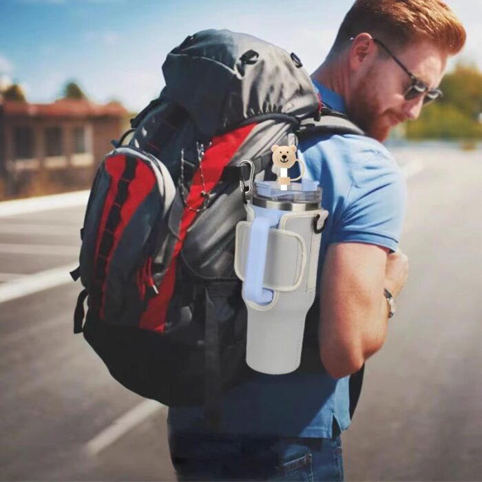Water Bottle Bag for Stanley 40 oz (Approx. 1134.0 ml) Water Bottle Holder with Cell Phone Pocket and Organizer Pouch, Adjustable Shoulder Strap with 2 Straw Flaps and Mountaineering Buckle - Image 3