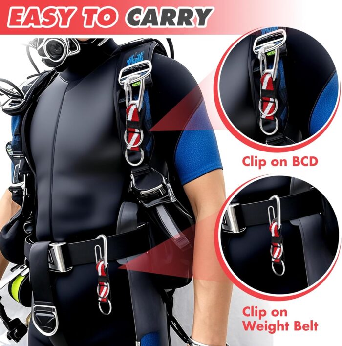2Pack Scuba Split Ring Connector with Clips, 316 Stainless Steel Carabineer Keeper and Dual Split-Rings with Dive Flag Webbing Strap for Diving Flashlight, Whistle, Gauge, Camera to BCD Attachment - Image 2