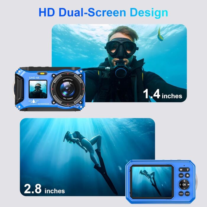 Digital Camera - 4K 56MP 33FT UHD Underwater Camera for Snorkeling with 32GB Card Dual-Screen Compact Waterproof Dustproof Floatable Camera - Autofocus Point and Shoot Digital Camera 1500mAh Battery - Image 6