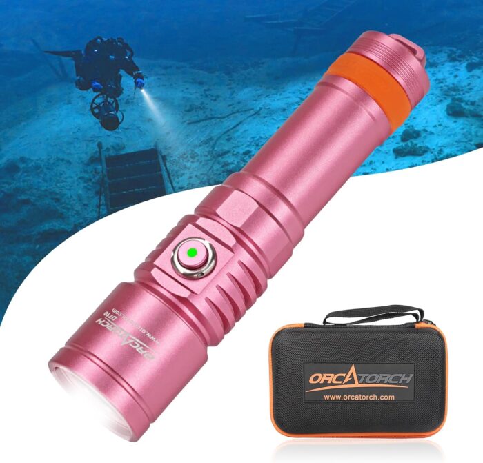 ORCATORCH D710 Scuba Diving Light, 3000 Lumens Super Bright Underwater Flashlight with 6 Degrees Narrow Beam, IP68 Waterproof Night Dive Torch 150 Meters Submersible Light (Pink)