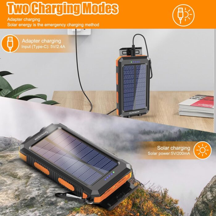 Solar Charger Power Bank, 20000mAh Portable Outdoor Waterproof Solar Battery Charger, Camping External Backup Battery Pack USB C Ports Input/Output, 2 Led Light Flashlight with Compass (Orange) - Image 3