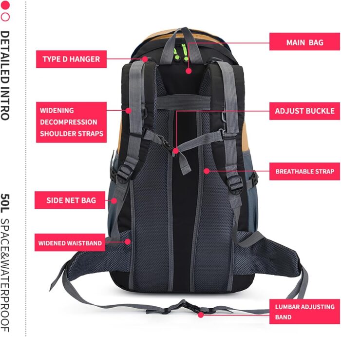 Bseash 50L Hiking Backpack, Water Resistant Lightweight Outdoor Sport Daypack Travel Bag for Camping Climbing Skiing Cycling (Gold - With Shoe Compartment) - Image 7