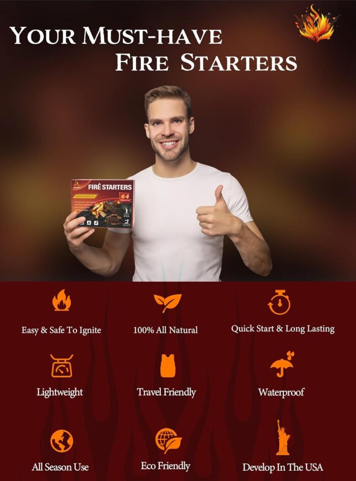 Fire Starter, Easy-Burning Fire Starter Squares for Wood Stoves, Campfires, Grill Pit and Fireplace, Natural & Waterproof BBQ Fire Starters, 64 Mini Square - Image 6