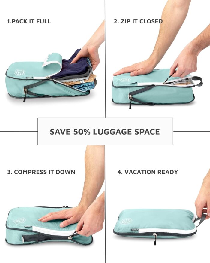 Large Compression Packing Cubes for Travel-Packing Cube Luggage Organizers 7 Piece Set for Checked Luggage-Ultralight, Expandable/Compression Bags by TRIPPED Travel Gear (DustyTeal/White) - Image 5