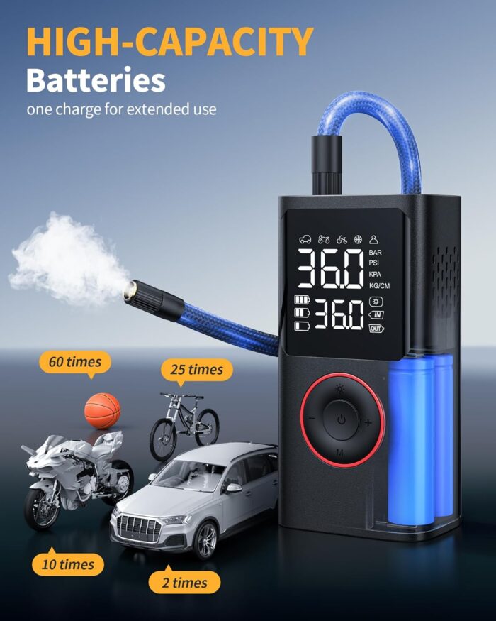 Tire Inflator Portable Air Compressor, 150 PSI Cordless Mini Bike Tire Pump, Air Pump for Auto, Motorcycle, Bicycle, Balls with Pressure Gauge&LED Light, Black, Medium - Image 3