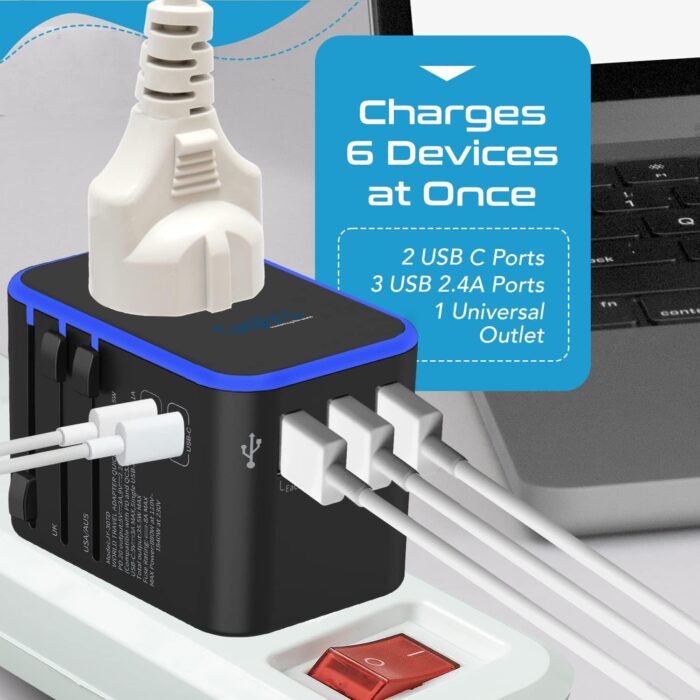 Ceptics World International Travel Plug Adapter - Powerful 33.5W with Pd & QC 3.0 Dual USB-C Power - 3 USB Ports Wall Charger Type I C G A Outlets 110V 220V A/C - EU Euro US UK (11-KU) - Image 4