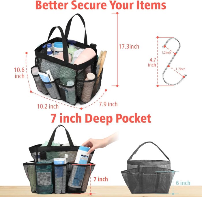 F-color Mesh Shower Caddy Portable, Upgrade Deeper 7 Pockets Shower Bag Basket Tote for College Dorm Room Toiletry Bathroom Essentials Gym Camp Quick Dry 2 handles with S Hook, Black - Image 5
