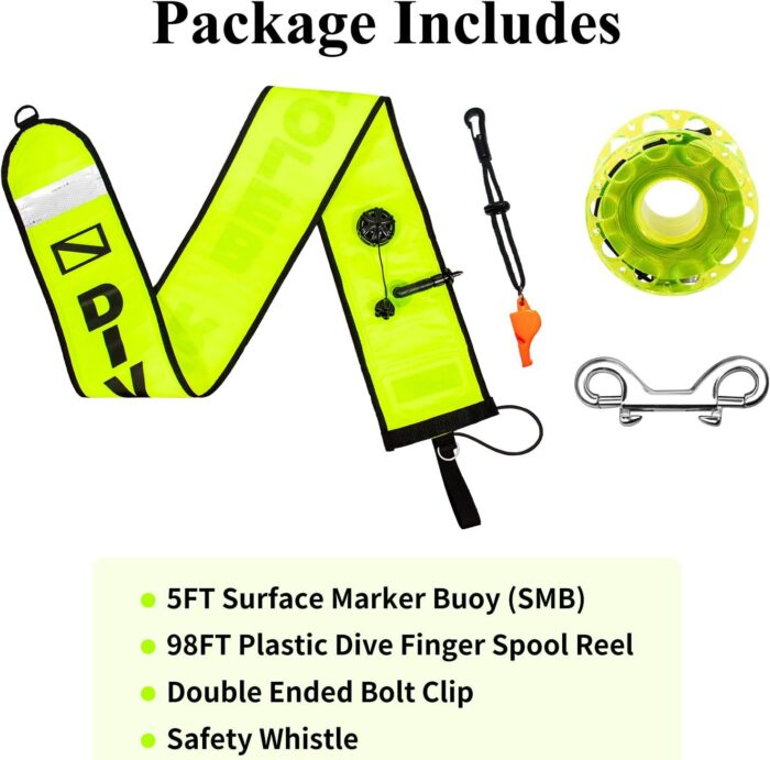 5ft Scuba Diving Surface Marker Buoy (SMB), Safety Sausage with Plastic 98ft Finger Spool Reel and Double Ended Hook Clip + Emergency Whistle for Underwater Diving - Image 7