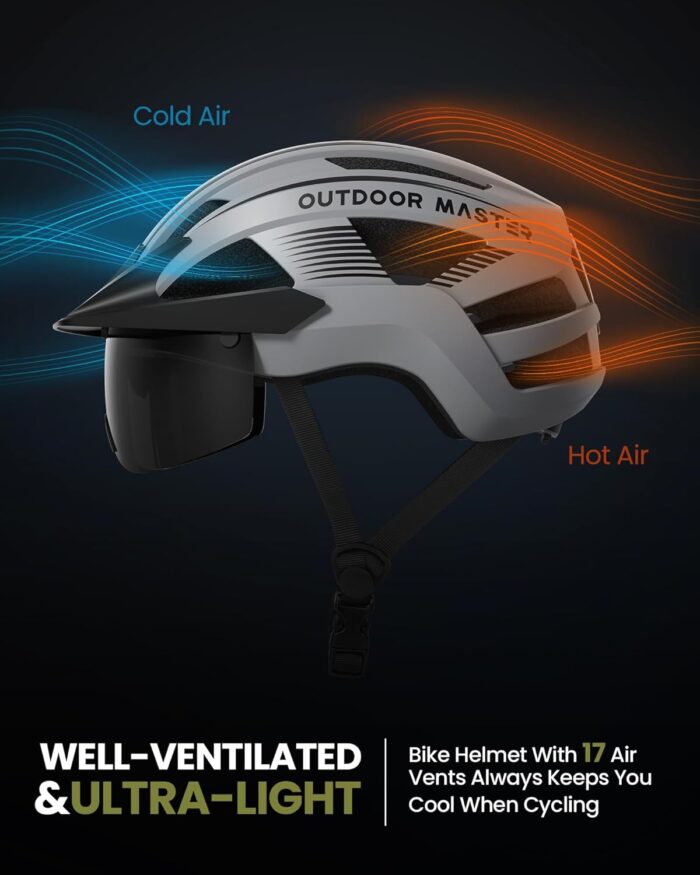OutdoorMaster Adult Bike Helmet - Bicycle Helmet with Rechargeable Rear LED Light, Detachable Magnetic Goggles, Removable Sun Visor - Suitable for Commuting and Cycling for Men and Women - Image 6