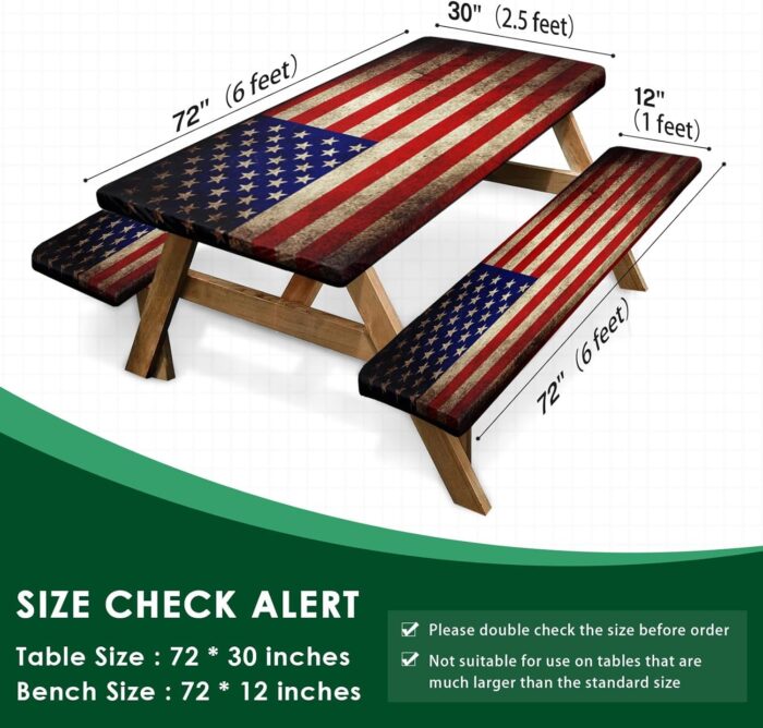 Picnic Table Cover with Bench Covers Elastic Edges, American Flag Fitted Table Cover, Outdoor Patio Camping Essentials 72 Inch 3PCS, Waterproof Camping Fitted Tablecloth with Drawstring Bag - Image 2