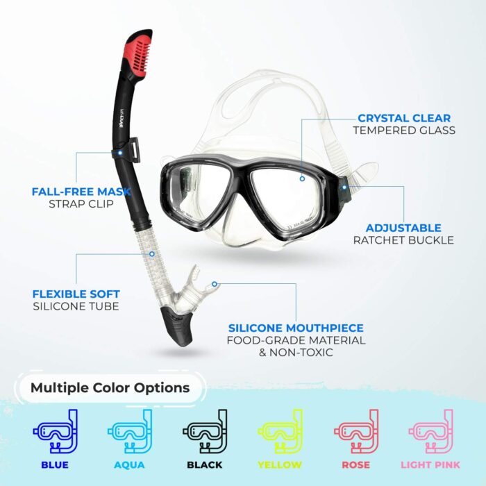 Premium Dry Top Snorkel Set - Impact Resistant Tempered Glass Diving Mask, Watertight and Anti-Fog Lens for Best Vision, Easy Adjustable Strap, Waterproof Gear Bag Included - Image 6