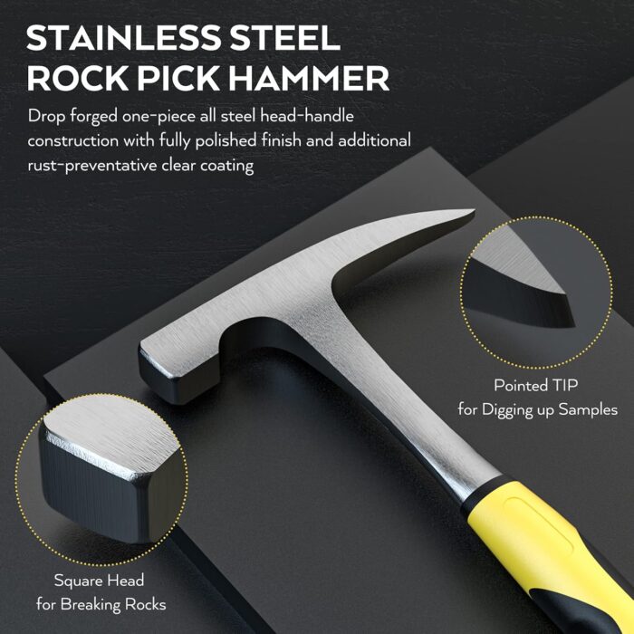 INCLY 7 Pcs Geology Rock Pick Equipment Kit, 3lb Sledge &32 oz Rock Hammer with 2PCS 12" Mason Concrete Chisel.Safety Glasses, Jewelers loupe, Tool Set for Hounding, GoldMining, Stone Breaking - Image 4