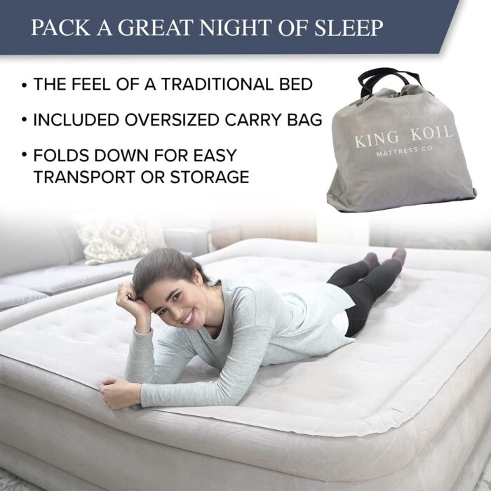 King Koil Luxury Built-in Pillow Top Queen Air Mattress with Built-in High-Speed Pump Best for Home, Camping, Guests, 20" Queen Size Double High Airbed, Blow Up Mattress, Waterproof, 1-Year Warranty - Image 5