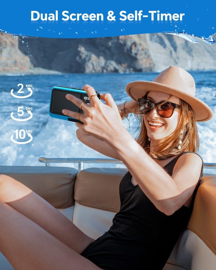 4K Underwater Camera Snorkeling 11FT Waterproof Camera 64MP Autofocus with 32GB Card Dual Screens Selfie 16X Zoom Floatable Compact Digital Camera Waterproof with 2 Batteries (Blue) - Image 4