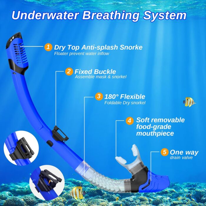 Snorkeling Gear for Adults, Dry Snorkel Kit, Anti-Leak Diving Mask and Dry Snorkel,180° Panoramic View Scuba Mask with Tempered Glass Lens for Diving, Snorkeling, Swimming - Image 4