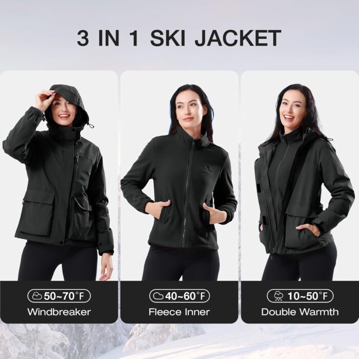 CAMEL CROWN Women's Ski Jacket 3 in 1 Winter Jacket Waterproof Jacket Windbreaker Snow Coat with Inner Warm Fleece Coat - Image 2