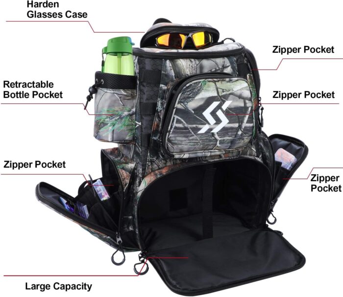 Sougayilang Fishing Tackle Backpack Waterproof Tackle Bag Storage with 4 Trays Tackle Box and Protective Rain Cover for Camping Hiking - Camouflage - Image 4