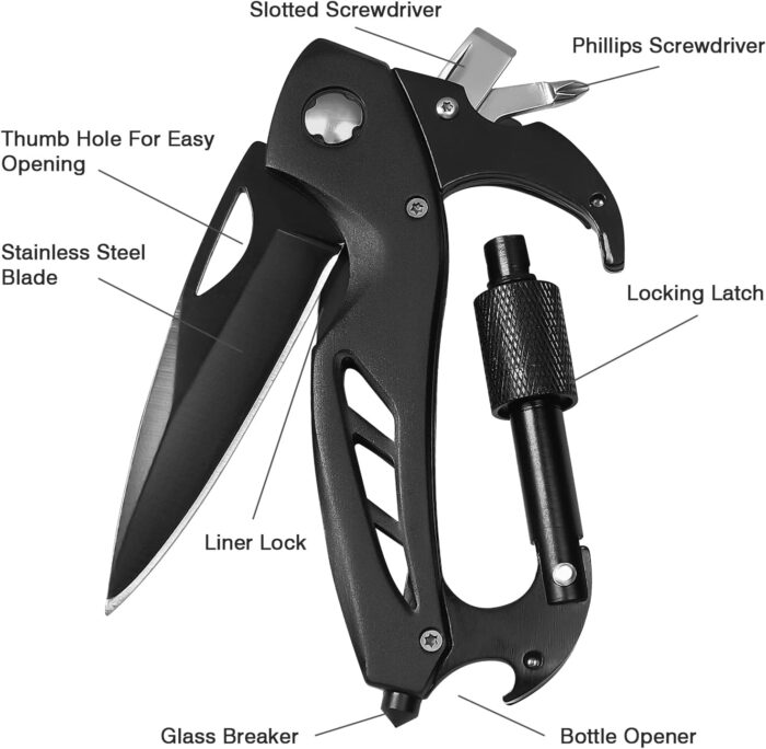 Multitool Carabiner with Pocket Knife, Stocking Stuffers Gifts for Men, EDC Carabiners with Folding Knives, Bottle Opener, Window Breaker and Screwdriver, Survival Gear for Camping Hiking - Image 4