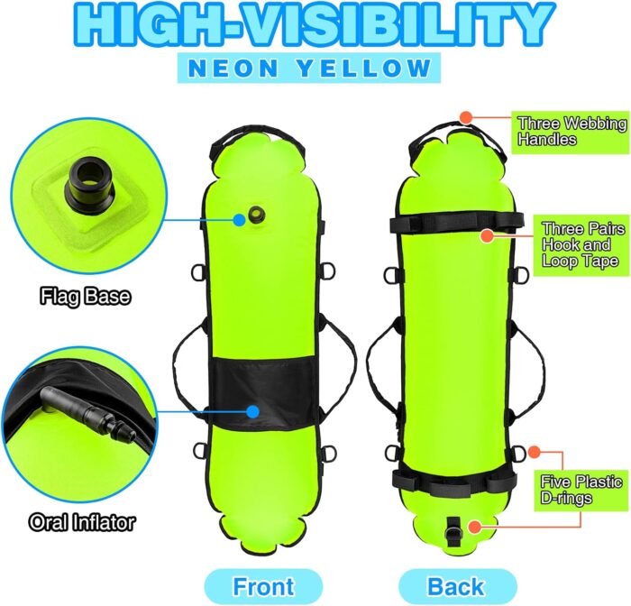 Spearfishing Buoy, Hi-Visibility Inflatable Torpedo Buoy Float Signal Floater Ball with Dive Safety Flag and 82ft Ropes for Scuba Diving, Freediving, Snorkeling, Swimming - Image 3
