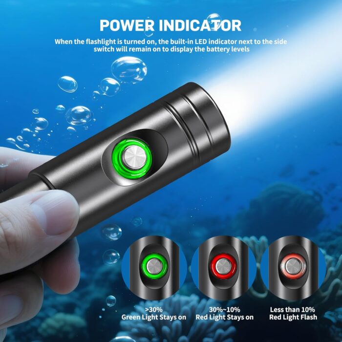 WD12 Dive Light - 980 Lumens Compact Scuba Diving Backup Light with 3 Modes, IP68 Waterproof Submersible Torch, Underwater Snorkeling Flashlight with Push Button (Black) - Image 3