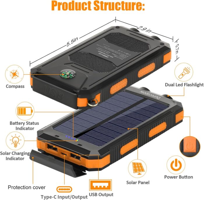 Solar Charger Power Bank, 20000mAh Portable Outdoor Waterproof Solar Battery Charger, Camping External Backup Battery Pack USB C Ports Input/Output, 2 Led Light Flashlight with Compass (Orange) - Image 2
