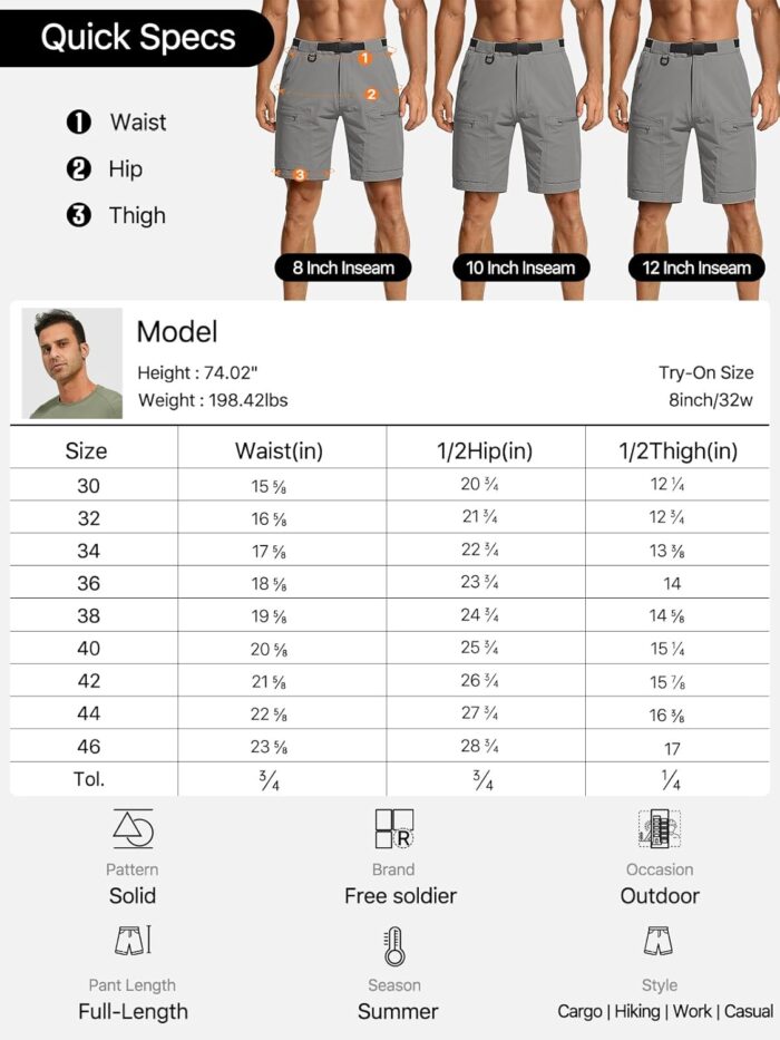 FREE SOLDIER Men's Cargo Hiking Shorts with Belt Lightweight Quick Dry Tactical Shorts with Pockets for Casual Work Golf - Image 7