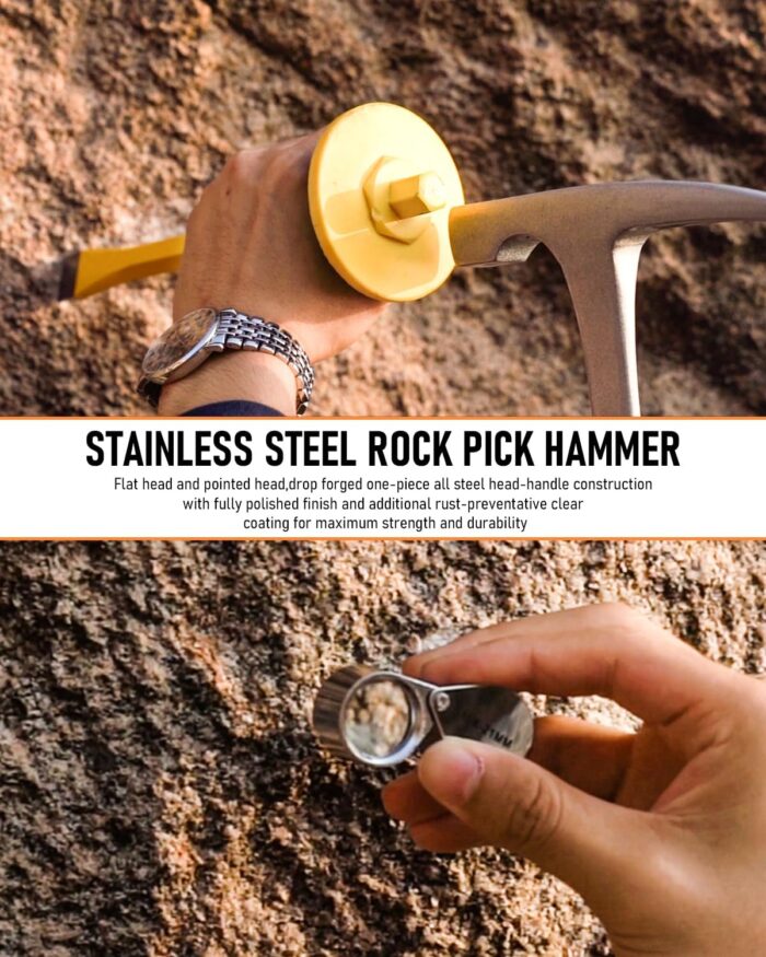 INCLY 7 Pcs Geology Rock Pick Equipment Kit, 3lb Sledge &32 oz Rock Hammer with 2PCS 12" Mason Concrete Chisel.Safety Glasses, Jewelers loupe, Tool Set for Hounding, GoldMining, Stone Breaking - Image 6