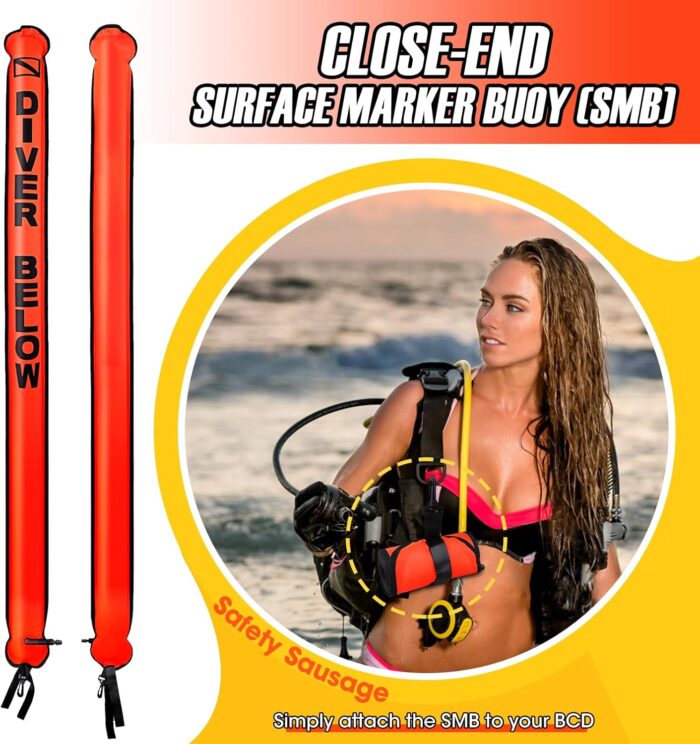 Surface Marker Buoy Set, 6ft Hi-Visibility Inflatable Closed Bottom Signal Tube Safety Sausage with 100ft/30m ABS Finger Spool Reel and Snap Kit for Underwater Scuba Diving - Image 2