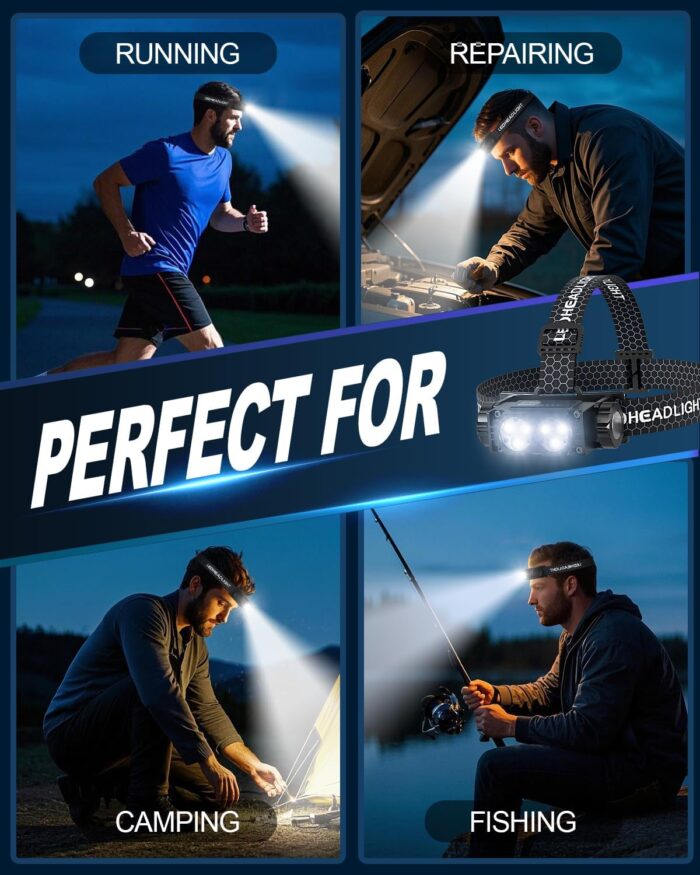 Headlamp Rechargeable 2PCS,4500L Super Bright Light Bright LED Rechargeable Headlight with White Light, Waterproof Head Lamp with Headband for Outdoor Camping, Hiking,Camping Essentials,Working - Image 8