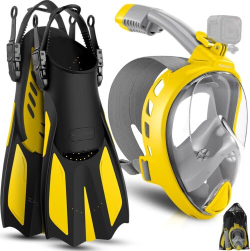 Odoland Snorkeling Packages for Adults & Youth, Full Face Snorkel Mask with Camera Mount, Adjustable Swim Fins, Mesh Bag, Anti-Fog Anti-Leak Scuba Diving Gear for Men & Women