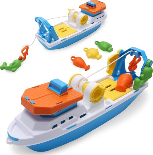 Toyland® 40cm (16") Colourful Fishing Boat with Moveable Doors, Fishing Hook & 4 Plastic Fish - Kids Floating Water Toy - Pool & Bathtime Toys - 3 Years+