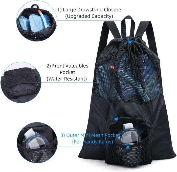 Packable Swim Bag, Mesh Swim Drawstring Backpack with 35L Upgraded Capacity & Vented Design, Lightweight Swimmers Mesh Bag for Swimming Gear Snorkeling Equipment (Black) - Image 4