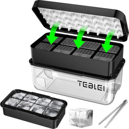 Ice Cube Tray with Lid and Bin, 16 Pcs Large Ice Cube Trays with Tongs, Ice Maker for Small Freezer, Kitchen Gadgets and Apartment Essentials, Easy-Release & Stackable