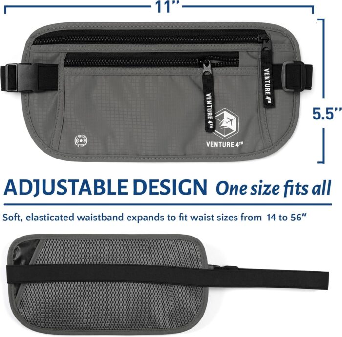 VENTURE 4TH Travel Money Belt - Slim Passport Holder RFID Blocking Travel Pouch to Protect Cash, Credit Cards and Travel Documents (Gray) - Image 2