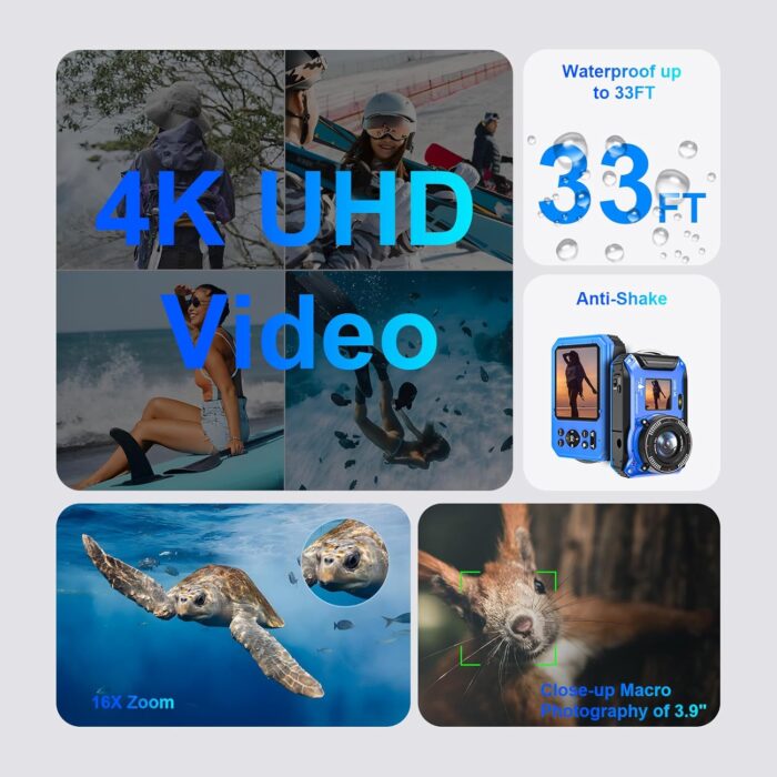Digital Camera - 4K 56MP 33FT UHD Underwater Camera for Snorkeling with 32GB Card Dual-Screen Compact Waterproof Dustproof Floatable Camera - Autofocus Point and Shoot Digital Camera 1500mAh Battery - Image 2