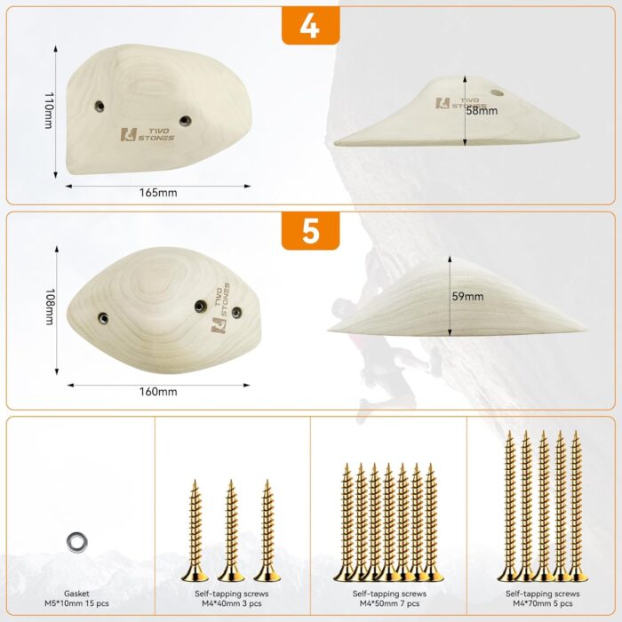 TWO STONES Wooden Rock Climbing Holds for Adults | Wood Rock Wall Climbing Holds for Gyms | Variety Screw On Climbing Hand Holds Set with Mounting Hardware - Image 3