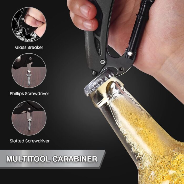Multitool Carabiner with Pocket Knife, Stocking Stuffers Gifts for Men, EDC Carabiners with Folding Knives, Bottle Opener, Window Breaker and Screwdriver, Survival Gear for Camping Hiking - Image 2