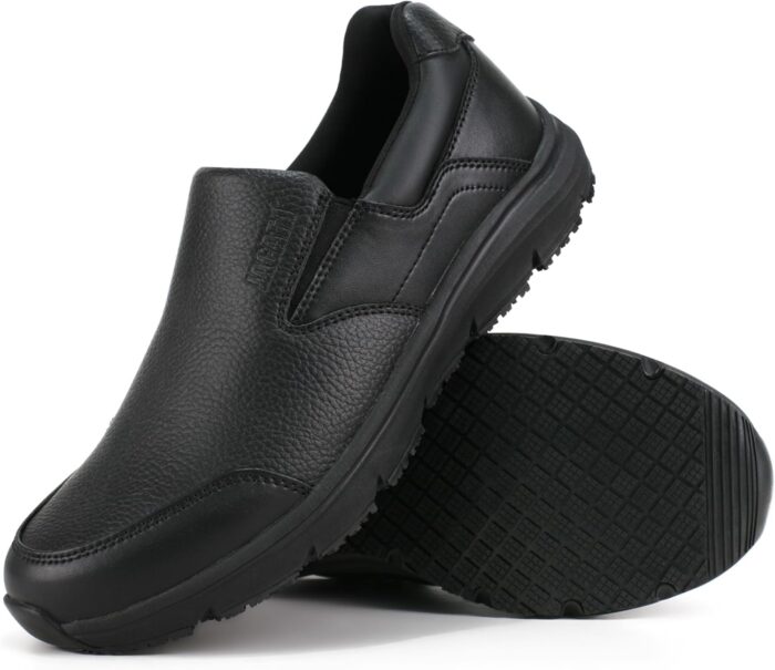 Non Slip Black Work Shoes for Men Food Service Mens Water Slip Resistant Leather Slip on Chef Walking Shoes for Restaurant Kitchen Sneakers