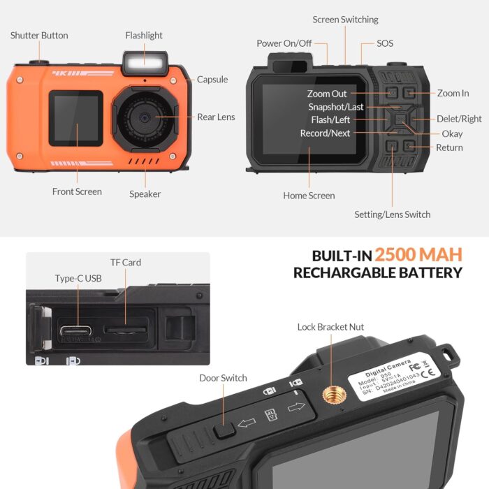4K Underwater Camera 33 FT Waterproof Camera with Dual Screens Selfie Digital Camera Built-in 2500 mAh Battery 48MP Autofocus Waterproof Digital Camera for Snorkeling, Novice Photographer,Orange - Image 6