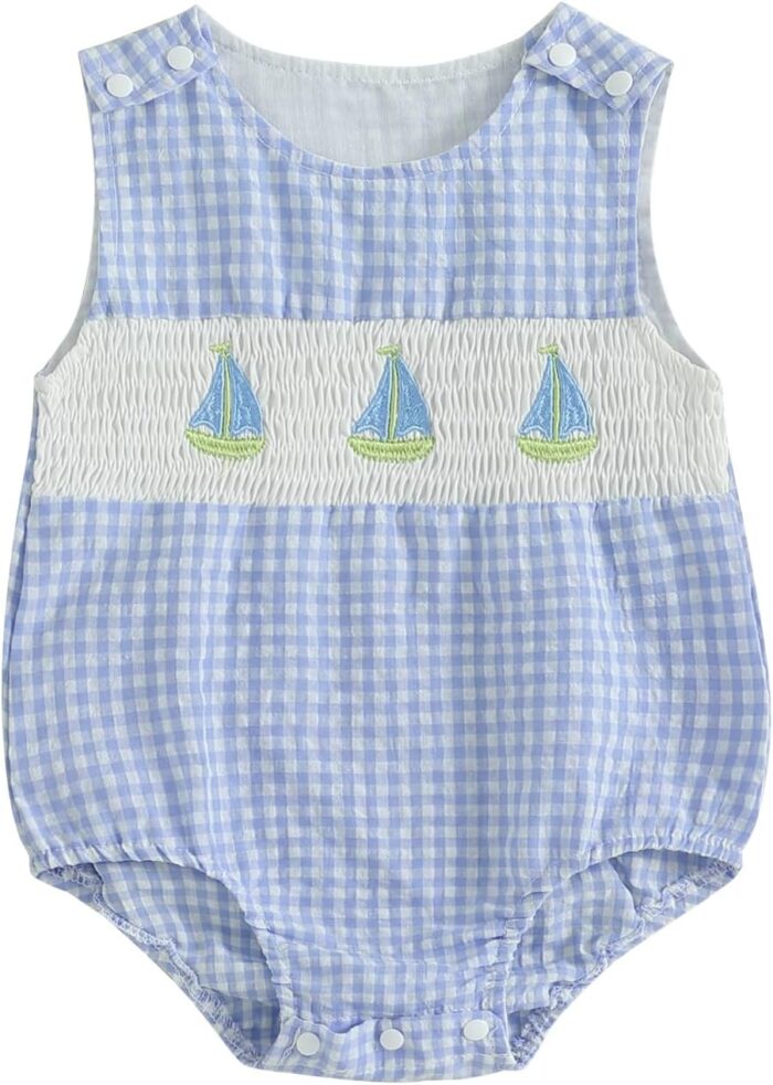 Baby Girl Boy Summer Clothes Sailing Boat Embroidery Gingham Sleeveless Romper Bodysuit Outfit 0 3 6 9 12 18 Months